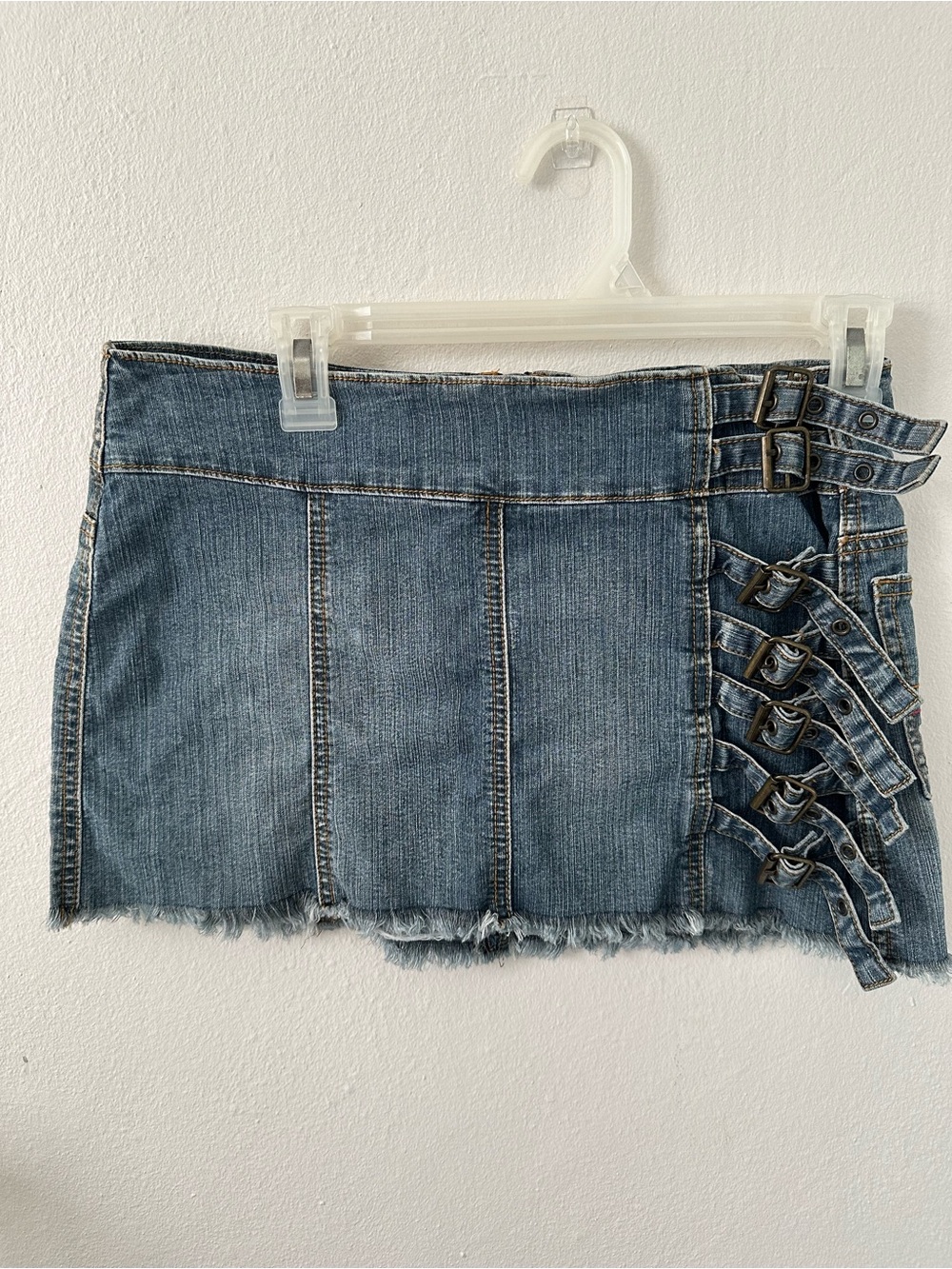Vigoss Medium Blue Denim Mini Skirt with Side Buckle Straps
